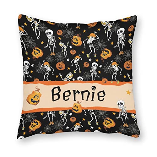 Personalized Halloween Throw Pillow Cases with Name, Spider Webs Spooky Skull Cute Pumpkin Halloween Decoration, Customized Pillow Cushion Covers Beding for Adults Kids Boys Girls 18"x18"