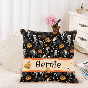 Personalized Halloween Throw Pillow Cases with Name, Spider Webs Spooky Skull Cute Pumpkin Halloween Decoration, Customized Pillow Cushion Covers Beding for Adults Kids Boys Girls 18"x18"