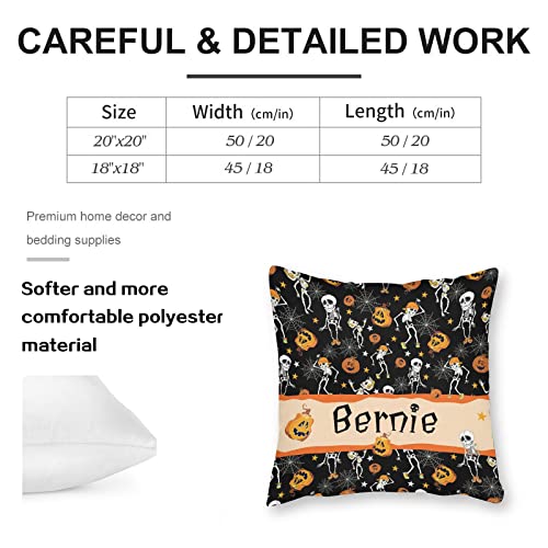 Personalized Halloween Throw Pillow Cases with Name, Spider Webs Spooky Skull Cute Pumpkin Halloween Decoration, Customized Pillow Cushion Covers Beding for Adults Kids Boys Girls 18"x18"