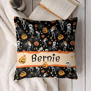 Personalized Halloween Throw Pillow Cases with Name, Spider Webs Spooky Skull Cute Pumpkin Halloween Decoration, Customized Pillow Cushion Covers Beding for Adults Kids Boys Girls 18"x18"