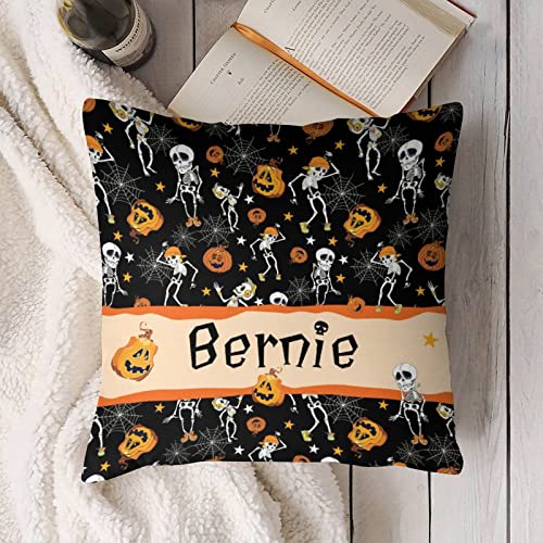 Personalized Halloween Throw Pillow Cases with Name, Spider Webs Spooky Skull Cute Pumpkin Halloween Decoration, Customized Pillow Cushion Covers Beding for Adults Kids Boys Girls 18"x18"