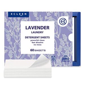 xcleen laundry detergent sheets lavender scent (60 loads), eco-friendly, plastic free, biodegradable, hypoallergenic laundry strips for sensitive skin, great for travel home and school