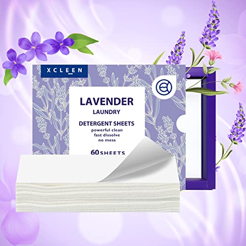 Xcleen Laundry Detergent Sheets Lavender Scent (60 loads), Eco-Friendly, Plastic Free, Biodegradable, Hypoallergenic Laundry Strips for Sensitive Skin, Great for Travel Home and School
