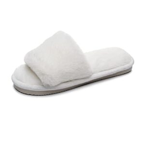 women's fuzzy cozy house slippers soft plush furry fur open toe memory foam winter warm comfy slip on breathable indoor outdoor (white,9-10)