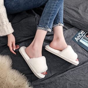 Women's Fuzzy Cozy House Slippers Soft Plush Furry Fur Open Toe Memory Foam Winter Warm Comfy Slip On Breathable Indoor Outdoor (White,9-10)