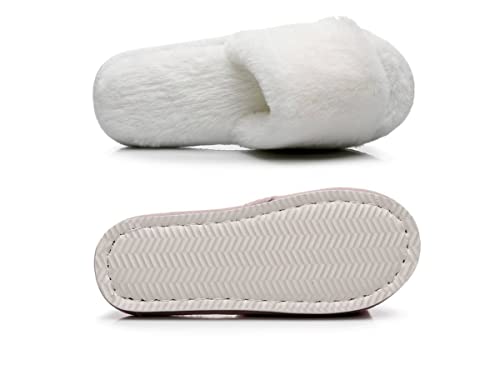 Women's Fuzzy Cozy House Slippers Soft Plush Furry Fur Open Toe Memory Foam Winter Warm Comfy Slip On Breathable Indoor Outdoor (White,9-10)