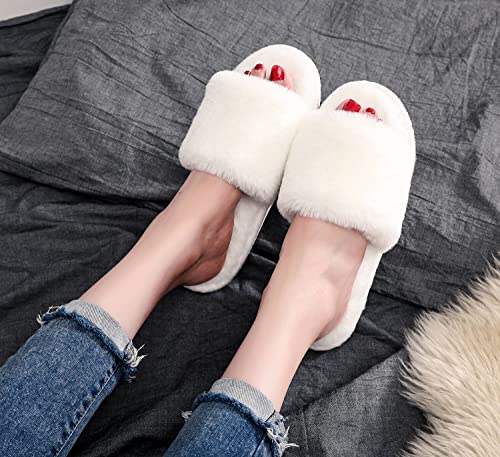 Women's Fuzzy Cozy House Slippers Soft Plush Furry Fur Open Toe Memory Foam Winter Warm Comfy Slip On Breathable Indoor Outdoor (White,9-10)