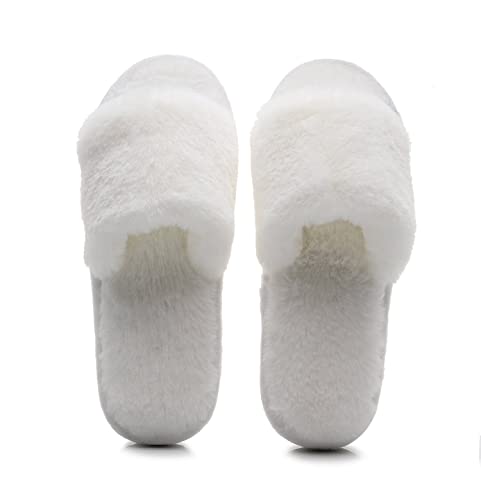 Women's Fuzzy Cozy House Slippers Soft Plush Furry Fur Open Toe Memory Foam Winter Warm Comfy Slip On Breathable Indoor Outdoor (White,9-10)