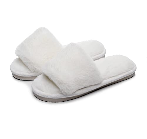 Women's Fuzzy Cozy House Slippers Soft Plush Furry Fur Open Toe Memory Foam Winter Warm Comfy Slip On Breathable Indoor Outdoor (White,9-10)