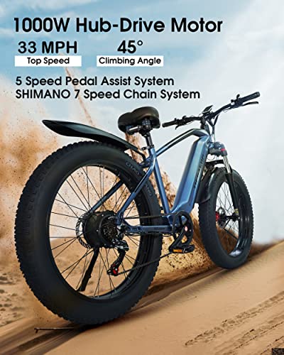 tifgalop Adult Electric Bike, 1000W Motor, Speed max 33 MPH, 48V 18Ah Removable Lithium Battery, 26'' Fat tire Electric Bike Snow Beach Electric Bike 7 Speed