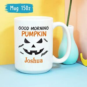 Good Morning Pumpkin Halloween Coffee Mug Cups 11oz 15oz, Personalized Scary Pumpkin Face Ceramic Mug Gifts For Halloween, Custom Pumpkin Ghost Coffee Cup With Name, Halloween Custom Mug