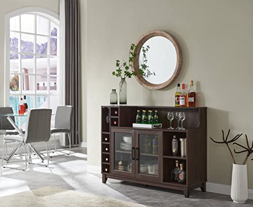 Home Source 36.6" Modern Home Bar Ensemble: Coffee Bar Shelves, Sideboard Cabinet, and Bar Console Cabinet with Glass Hanging Space Rack (Mahogany)