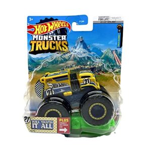 monster trucks will trash it all (yellow/blue) with connect and crash car 42/75, 1:64 scale diecast truck