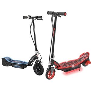 razor e100 electric scooter for kids ages 8+ - 8" & power core e90 glow electric scooter for kids ages 8+ - 90w hub motor, led light-up deck, up to 10 mph and 60 min ride time