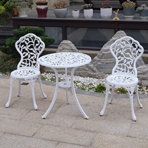 kai li patio bistro sets 3 piece cast aluminum patio furniture outdoor garden metal rust proof tables and chairs white bisrto set (leaf-white)