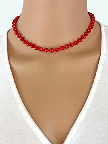 MGR MY GEMS ROCK! Beaded Semi Precious Stone Red Sea-bamboo Coral Collar or Choker Short Dainty Necklace for Women or Girls, 14.50" Long with 3" Extender.