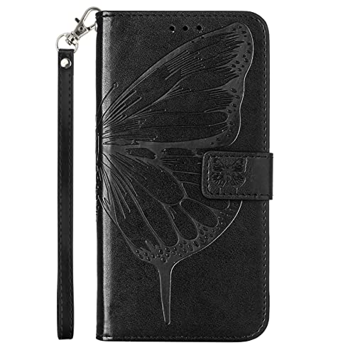 ONV Wallet Case for Oppo Reno 6 Pro 5G - Butterfly Embossed Phone Case with Card Holder Lanyard Stand Case Leather Magnetic Closure Flip Cover for Oppo Reno 6 Pro 5G [by] -Black