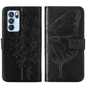 onv wallet case for oppo reno 6 pro 5g - butterfly embossed phone case with card holder lanyard stand case leather magnetic closure flip cover for oppo reno 6 pro 5g [by] -black