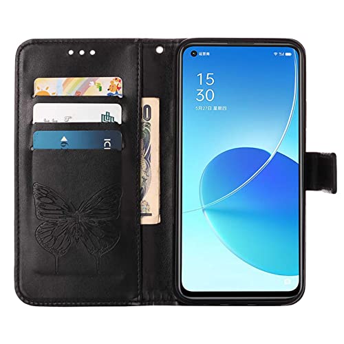 ONV Wallet Case for Oppo Reno 6 Pro 5G - Butterfly Embossed Phone Case with Card Holder Lanyard Stand Case Leather Magnetic Closure Flip Cover for Oppo Reno 6 Pro 5G [by] -Black