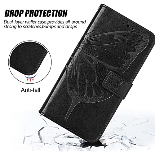 ONV Wallet Case for Oppo Reno 6 Pro 5G - Butterfly Embossed Phone Case with Card Holder Lanyard Stand Case Leather Magnetic Closure Flip Cover for Oppo Reno 6 Pro 5G [by] -Black