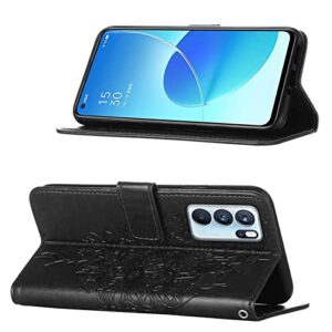 ONV Wallet Case for Oppo Reno 6 Pro 5G - Butterfly Embossed Phone Case with Card Holder Lanyard Stand Case Leather Magnetic Closure Flip Cover for Oppo Reno 6 Pro 5G [by] -Black