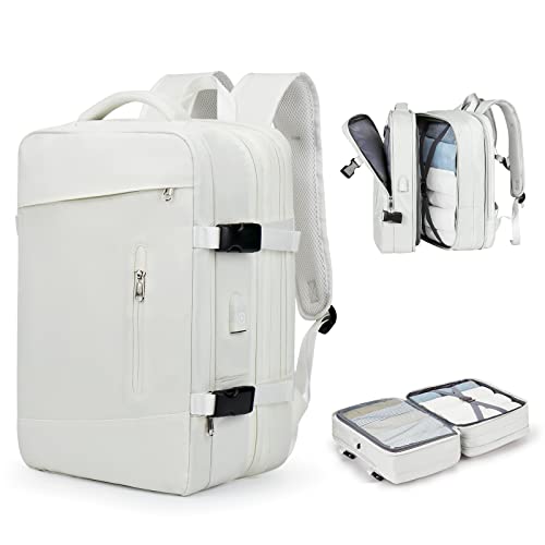 Large Travel Backpack for Women,Carry On Backpack,Expandable Airline Airplane Approved Weekender Backpack,Hiking Backpack,Laptop Backpack with USB Charging Port,Waterproof 40L Backpack Bag, White