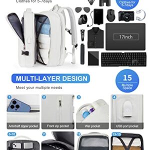 Large Travel Backpack for Women,Carry On Backpack,Expandable Airline Airplane Approved Weekender Backpack,Hiking Backpack,Laptop Backpack with USB Charging Port,Waterproof 40L Backpack Bag, White