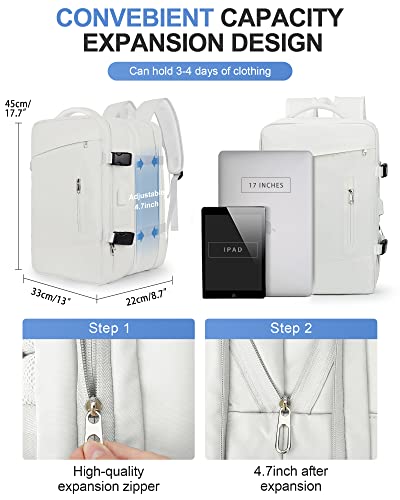 Large Travel Backpack for Women,Carry On Backpack,Expandable Airline Airplane Approved Weekender Backpack,Hiking Backpack,Laptop Backpack with USB Charging Port,Waterproof 40L Backpack Bag, White