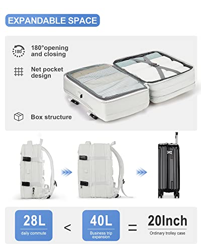 Large Travel Backpack for Women,Carry On Backpack,Expandable Airline Airplane Approved Weekender Backpack,Hiking Backpack,Laptop Backpack with USB Charging Port,Waterproof 40L Backpack Bag, White