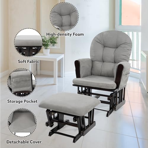 Nursery Glider & Ottoman Sets, Reclining Swivel Glider Rocker with Ottoman, Nursery Rocking Breastfeeding Maternity Chair for Baby Room, Recliner Glider with Ottoman, Padded Arms - Espresso, Dark Gray