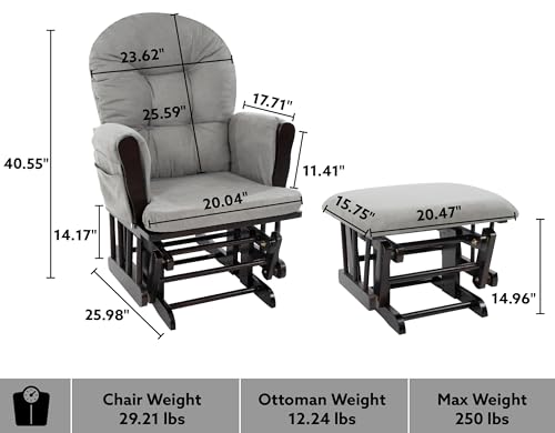 Nursery Glider & Ottoman Sets, Reclining Swivel Glider Rocker with Ottoman, Nursery Rocking Breastfeeding Maternity Chair for Baby Room, Recliner Glider with Ottoman, Padded Arms - Espresso, Dark Gray
