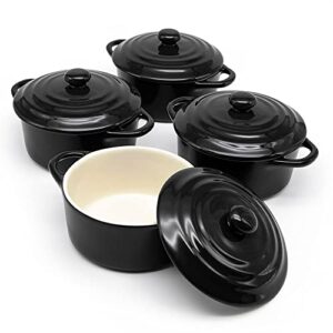 kook ceramic mini cocotte set, small casserole dishes with lids and handles, individual baking ramekins, oven, microwave & dishwasher safe, stoneware, 12 oz, set of 4