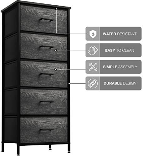 Sorbus Tall Fabric Storage Dresser - Stand Up Tower of 5 Drawers with Steel Frame, Wood Top, & Faux Wood Fabric - Great for Bedroom, Dorm, Closet, Living Room, Entryway - Narrow Nightstand Organizer