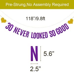 30 NEVER LOOKED SO GOOD Banner, Pre-Strung,Purple Glitter Paper Banner Sign Garlands,30th Birthday Party Decorations Supplies,Letters Purple,SUNbetterland