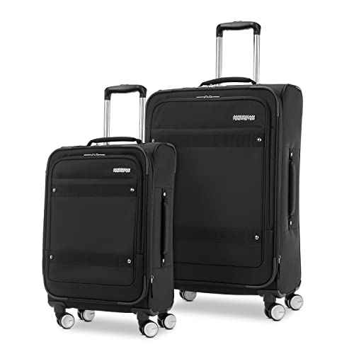 American Tourister Whim Softside Expandable Luggage with Spinners, Black, 2PC SET (Carry-on/Medium)