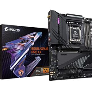 GIGABYTE B650 AORUS PRO AX (AM5/ LGA 1718/ AMD B650/ ATX/ 5-Year Warranty/ DDR5/ Quad M.2/ PCIe 5.0/ USB 3.2 Gen2X2 Type-C/WiFi 6E/ Intel 2.5GbE LAN/Q-Flash Plus/EZ-Latch/Gaming Motherboard)