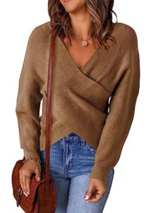kirundo 2023 fall winter women's long sleeve cross wrap v neck knit sweater off shoulder backless casual pullover tops(camel, small)
