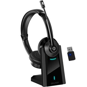 bluetooth headset with noise cancelling mic and charging dock, wireless headphones with mic, 2-earpiece with auto-pair usb dongle for pc/laptop, handsfree/dual connect/mute, for meet|skype|zoom|teams