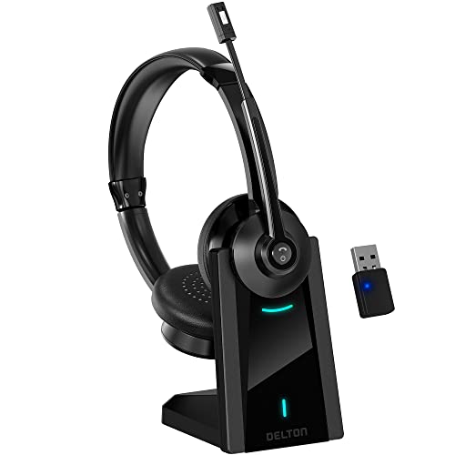 Bluetooth Headset with Noise Cancelling Mic and Charging Dock, Wireless Headphones with Mic, 2-Earpiece with Auto-Pair USB Dongle for PC/Laptop, Handsfree/Dual Connect/Mute, for Meet|Skype|Zoom|Teams