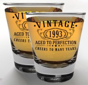 vintage 1993 printed 1.75oz 2pk shot glass set – happy 30th birthday gifts women men, cheers to 30 years, turning 30 year old woman decorations decor, anniversary bday party favors best gift ideas him