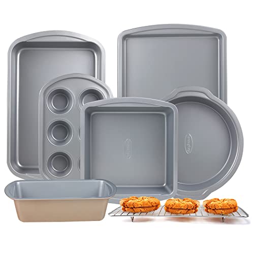 Baking Pans Set with Nonstick Coating, Professional Ultrathick 7 Pcs Including Cake Pans, Cookie Sheets, Roasting Pan, and Cooling Rack - 0.8mm Thick, Dishwasher Safe, and Heavy Duty