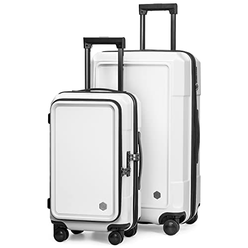 Coolife Luggage 2 Piece Luggage Set Carry On Spinner Suitcase Set with Pocket Compartment Weekend Bag Hardside Trunk (snow white_zipper type, 2-piece Set)