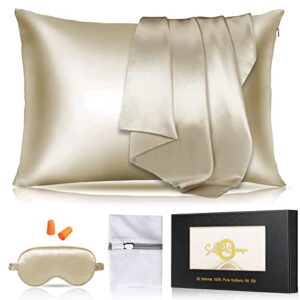 100% mulberry silk pillowcase for hair and skin 22 momme 6a silk pillow case zippered soft smooth cooling -standard size 20"x 26"-with eye mask and laundry bag, luxury gift set(beige 1pc)
