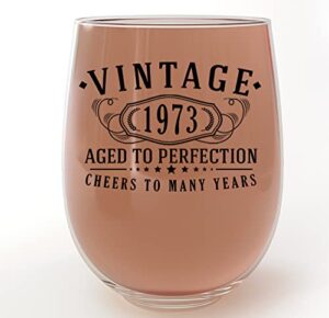vintage 1973 printed 17oz stemless wine glass – happy 50th birthday gifts women men, cheers to 50 years, turning 50 year old woman decorations decor, anniversary bday party favors, best gift ideas her