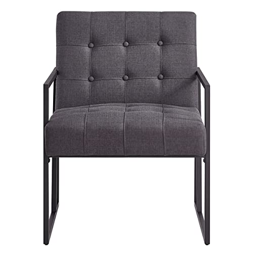 24KF Mid-Century Dark Gray Linen Button Tufted Accent Chair with Metal Stand, Decorative Furniture Chairs for Living Room Bedroom- Dark Gray