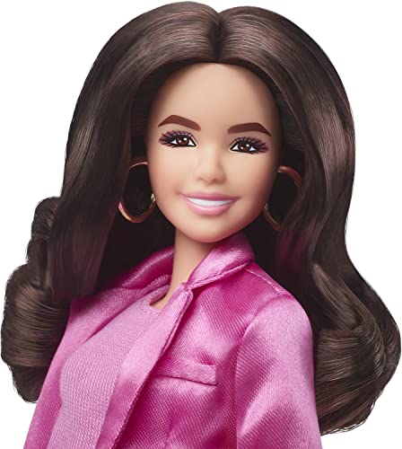 Barbie The Movie Doll, Gloria Collectible Wearing Three-Piece Pink Power Pantsuit with Strappy Heels and Golden Earrings