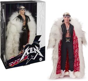 barbie the movie collectible ken doll wearing big faux fur coat and black fringe vest with bandana