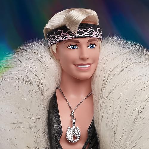 Barbie The Movie Collectible Ken Doll Wearing Big Faux Fur Coat and Black Fringe Vest with Bandana