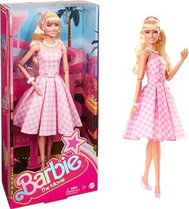 barbie the movie doll, margot robbie as barbie, collectible doll wearing pink and white gingham dress with daisy chain necklace for 6 years and up