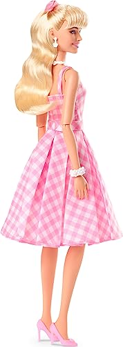 Barbie The Movie Doll, Margot Robbie as Barbie, Collectible Doll Wearing Pink and White Gingham Dress with Daisy Chain Necklace for 6 years and up